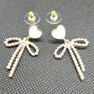 White Heart and AB Rhinestone Bow Stud Dangle Earrings